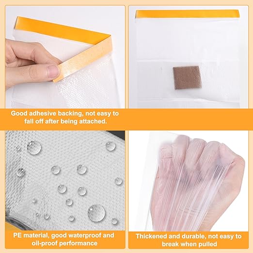 HARFINGTON Pre-Taped Masking Film 43.3" x32.8ft Double Adhesive Tape and Drape Painters Plastic Drop Cloth Film with Tape Plastic Sheeting for Automotive Painting Covering