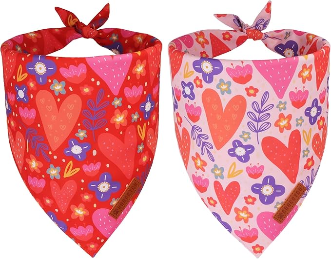 ADOGGYGO Valentines Dog Bandana 2 Pack, Heart and Floral Print Puppy Scarf Bib by ADOGGYGO