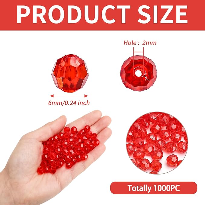 BONNY BOXX 1000pcs 6mm Acrylic Faceted Round Crystal Beads Transparent Red - Image 3