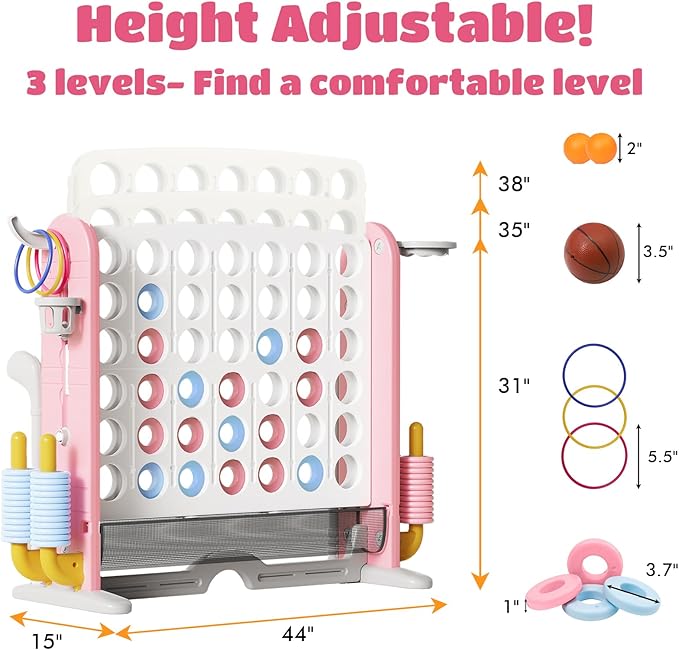 Giant 4 in a Row Connect Game with Mesh Fabric | Height Adjustable 4-in-1 Jumbo 4-to-Score Yard Game Set with Basketball, Golf & Ring Toss | Outdoor Indoor Family Party Game for Kids & Adults, Pink