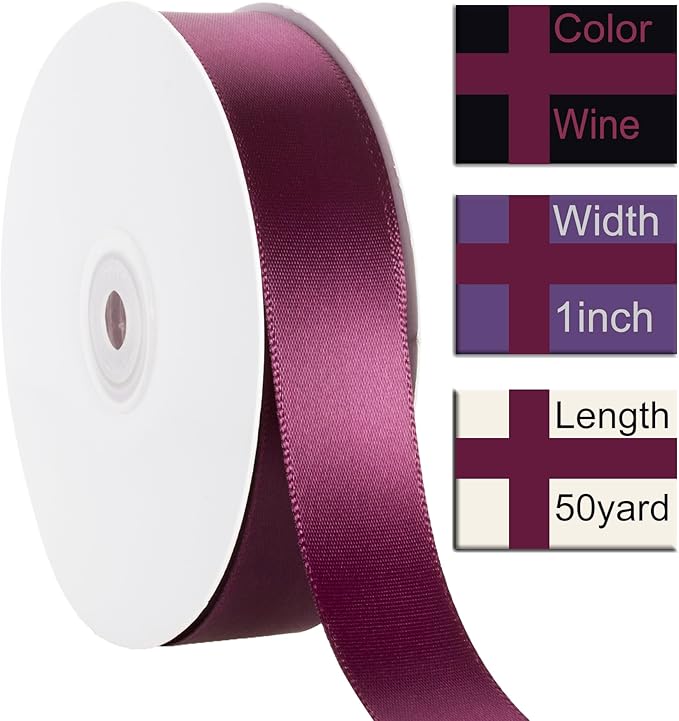 1 Inch Wine Ribbon, 50 Yards Craft Polyester Satin Ribbon Perfect for Gift Wrapping, Handmade Roses, Wedding Party Decorations and DIY Crafts
