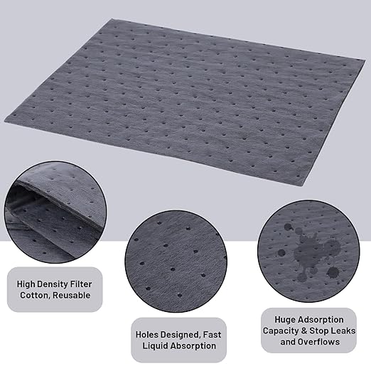 100 PCS Oil Absorbent Pads - 13"x10" Super Oil Spill Mats for Garage, Workshop & Kitchen - Soaks Up Oil, Grease, Coolant Fast - Reusable & Tear-Resistant (Gray)