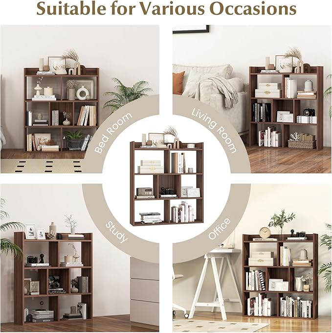 Giantex 7 Cube Bookshelf of 2, Free-Standing Wooden Bookcase, 4 Tier Home Display Shelf, Horizontal Storage Unit w/Anti-Toppling Devices, Open-Back Display Rack for Study, Living Room, Walnut