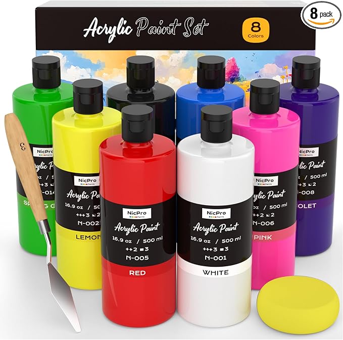 Nicpro 8 Colors Large Bulk Acrylic Paint Set, Rich Pigments, Non Toxic Craft by Nicpro