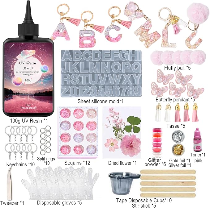 YV-cozx UV Resin Jewelry Making Kit,Crystal Clear Resin with 26 Letter Molds and Casting Tools,DIY Jewelry Making Kit for Necklace,Keychain,Earring (Pink Letter)