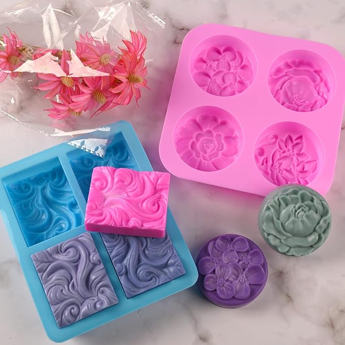 Sakolla 2 Pack Silicone Soap Molds, 4 Cavities Rectangle Wave and Round Flower - Image 3
