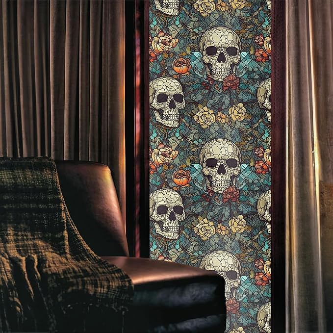 Blue Grey Red Skull Floral Stained Glass Window Films Decorative Double-Side - Image 2