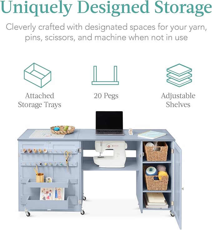 Best Choice Products Large Folding Sewing Table, Caster Wheels, Storage Shelves - Image 3