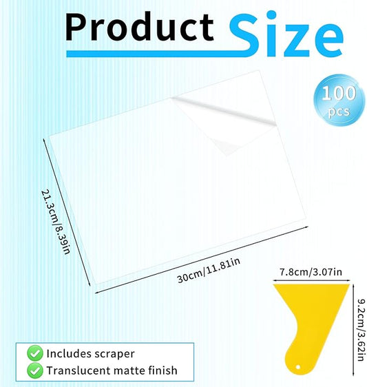 100 Pack Matte Self Adhesive Laminating Sheets, Clear Laminating Sheets Holographic Sticker Paper Clear Vinyl, Matte Finish Self Sealing Lamination Sheet, with Scraper, 8.38" x 11.8"