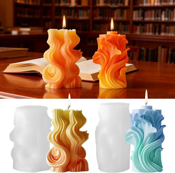 2 Pack 3D Wave Cylinder Silicone Candle Molds, Geometric Relief Pillar Mold | by JDHSilicone