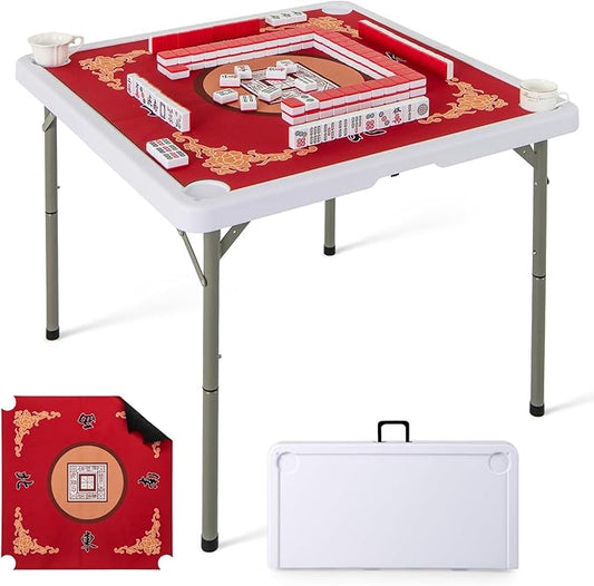 Giantex Folding Mahjong Table, 35" Square Card Table with Cup Holders, Removable Noise Reduction Mat, HDPE Tabletop, 4-Player Portable Domino Tables for Poker Blackjack Board Game (Red)
