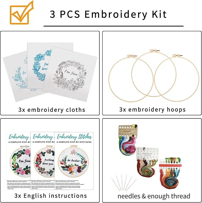 Nuberlic 3 Pack Funny Embroidery Kit, Handmade Cross Stitch Starter Kit - Image 2