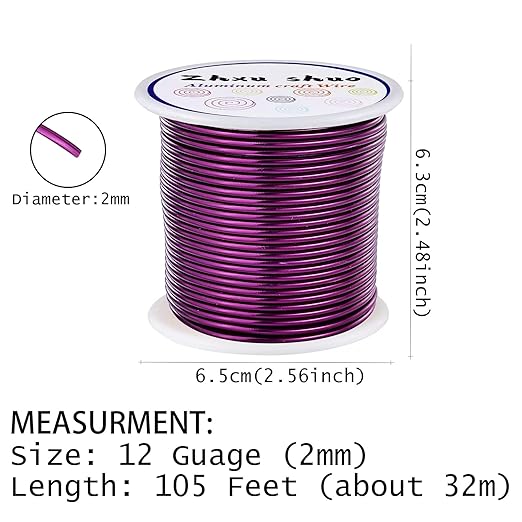 12 Gauge(2mm) Aluminum Wire 35 Yards Anodized Metal Wire for Bonsai Armature Crafting Sculpting Jewelry Craft Making Beading Floral (Purple, 12 Gauge)