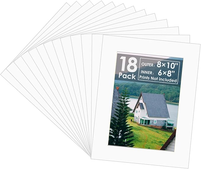 18 Pack Picture Mats, 8x10 for 6x8 Picture Frame Mats, Acid Free Core Bevel Cut Picture Frame Mattes for Photos Artworks Prints (White)