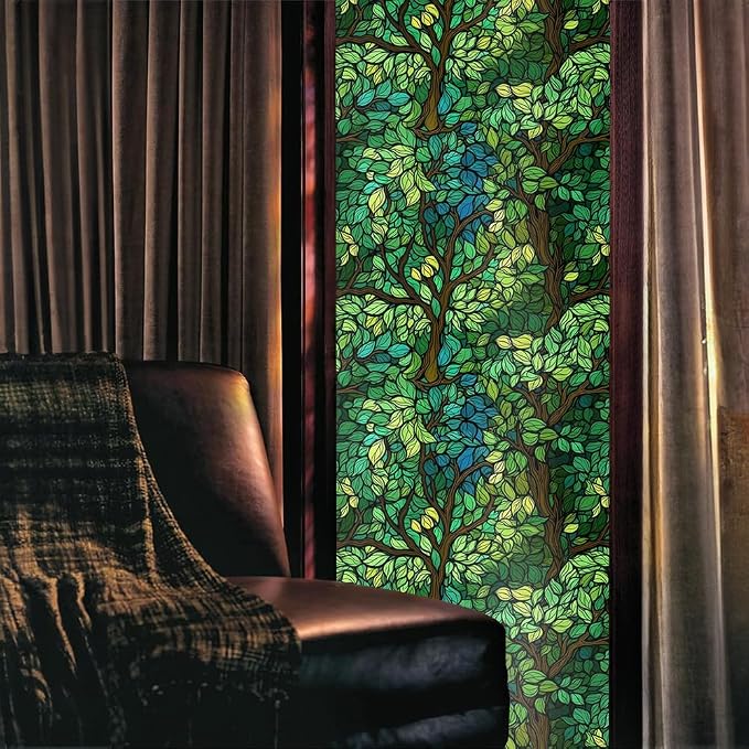 Green Leaf Forest Tree Blue Stained Glass Window Films Decorative Double-Side - Image 2