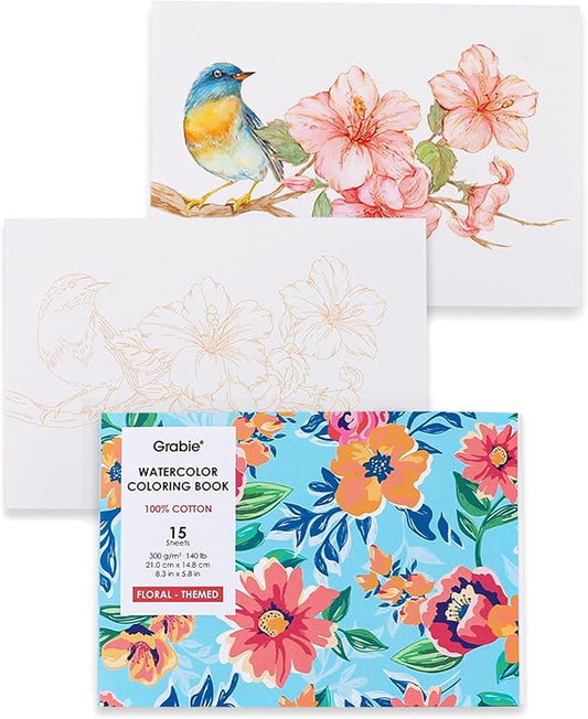 Grabie Watercolor Coloring Book, 15 Sheets Art Pad A5 (8.3 x 5.8), Cotton Watercolor Book for Adults(Floral)