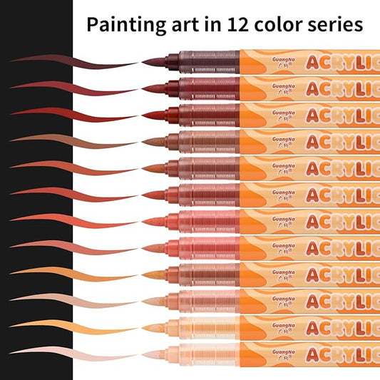 Guangna Acrylic Paint Markers 12 Colors, Skin Tone Series Set with Soft Brush Tip Water Based, Fine Tip Markers for Wood, Canvas, Rock Painting, Glass, Diy Crafts, Fabric Paint