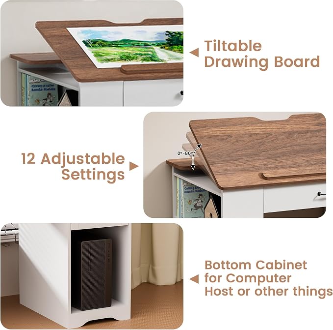 Drafting Table with Storage Cabinet & Drawers, Adjustable Drawing Desk with - Image 3
