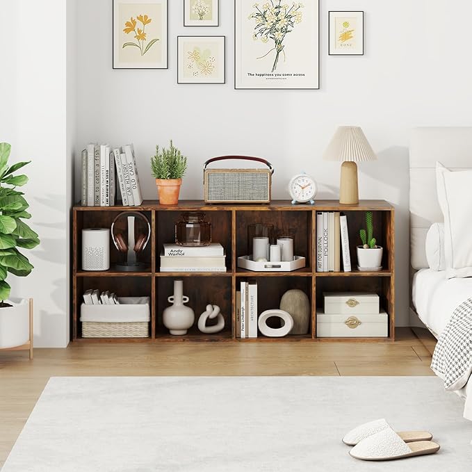 Giantex 8-Cube Bookcase, Floor Standing Bookshelf with Storage & 2 Anti-Tipping Kits, Open Storage Organizer, Cubby Wooden Book Shelf for Living Room, Study & Bedroom, Rustic Brown