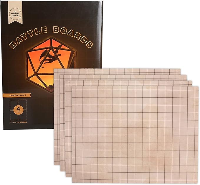 GSM Brands Battle Mat with Grid for Dungeons Role Playing Tabletop Dragons Game - 4 Pack Dry Erase Battle Boards, Non-Skid Back (17x13 Inches Each Makes 34x26 Board)