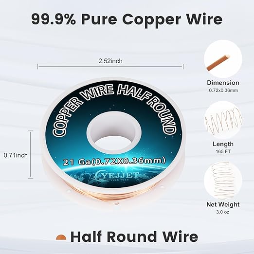 Bulk 21 Gauge Half Round Copper Wire - 3.0 oz (165 Feet) Artistic Wire for Metalworking & Architectural Detailing