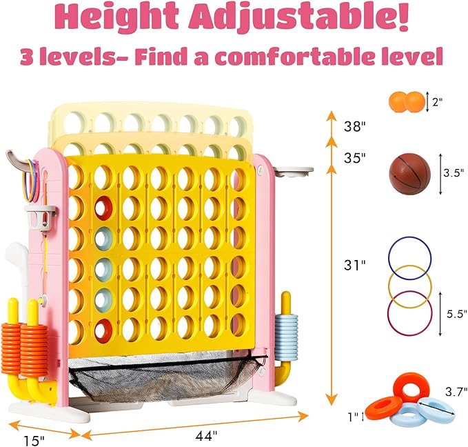 Giant 4 in a Row Connect Game with Mesh Fabric | Height Adjustable 4-in-1 Jumbo 4-to-Score Yard Game Set with Basketball, Golf & Ring Toss | Outdoor Indoor Family Yard Party Game for Kids & Adults