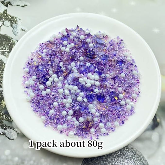 Assorted Glass Beads for Jewelry Making Multi Size Colors Glass Star Moon Seed Pearl Spacer Beads for Bracelets Necklace Earring Making(White Light Purple)