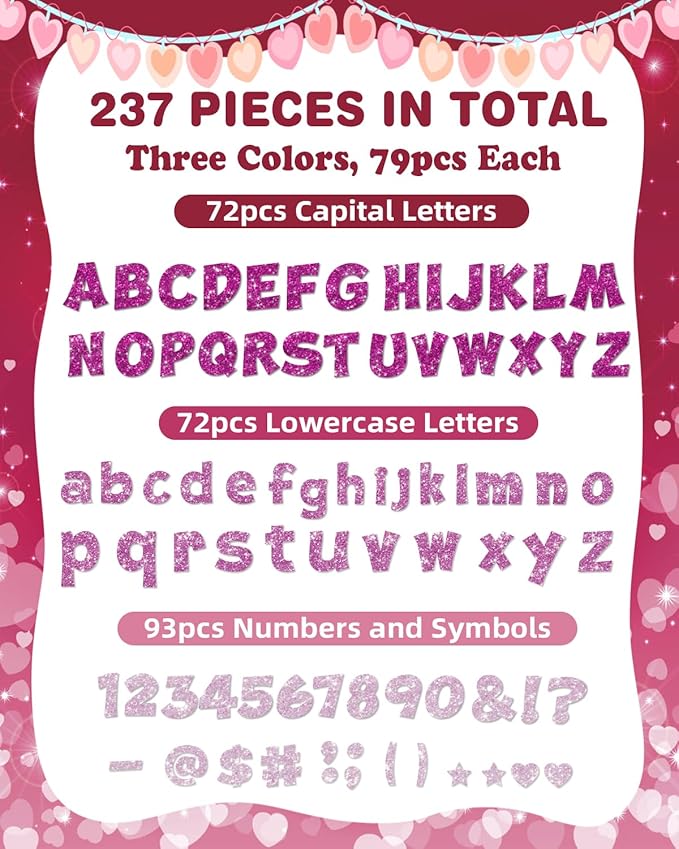 237 Pcs Glitter Bulletin Board Letters, Numbers and Punctuation, Poster Board Letters Alphabet Cut Out Cardboard Letters Accessories for Classroom Display Decorating Supplies 4inch (Pink Mix)