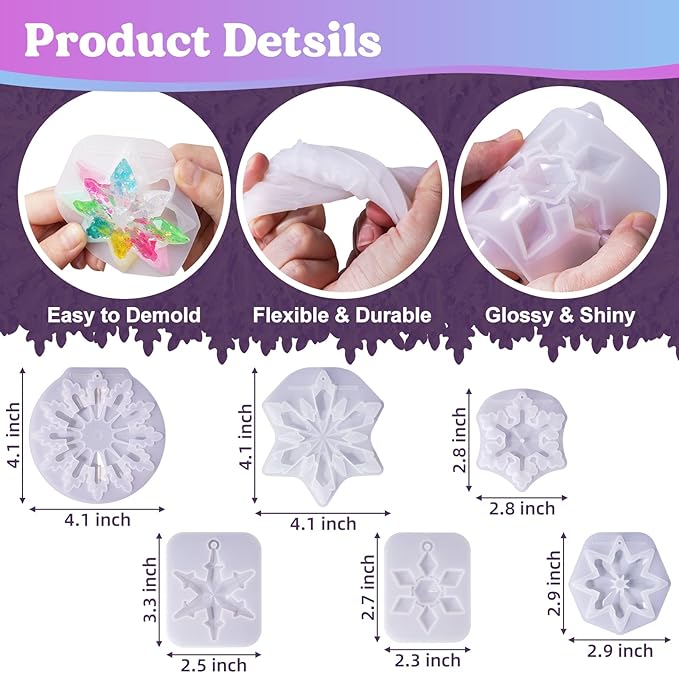 LET'S RESIN Christmas Resin Molds, 6 Pcs Varying Sizes Snowflake Epoxy Resin Molds Silicone, 3D Ice Crystal Resin Ornament Molds, Silicone Molds for Epoxy Resin, Tree & Car Decoration