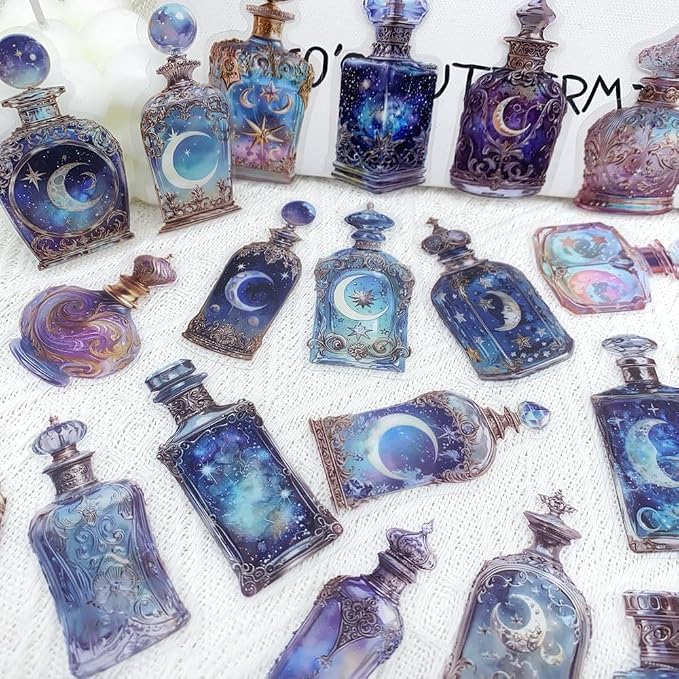 50PCS Lunar Phase Crystal Bottle Stickers – Clear Watercolor Moon & Star - Image 4