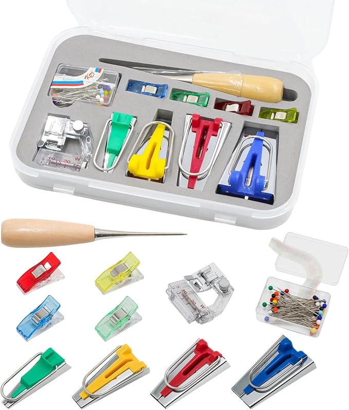 Funstreet Comprehensive Bias Tape Maker Kit, Fabric Tape Tools Sewing Machine Presser Foot, Sewing Clips Ball Point Pins, Awl for Fabric Sewing/Quilting