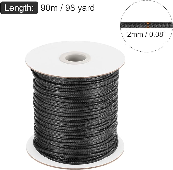 MECCANIXITY Waxed Cord 2mm Waxed Polyester Cord 98 Yard Wax String for Bracelet Making, Necklaces, Beading, Jewelry Making and DIY Crafts(Black)