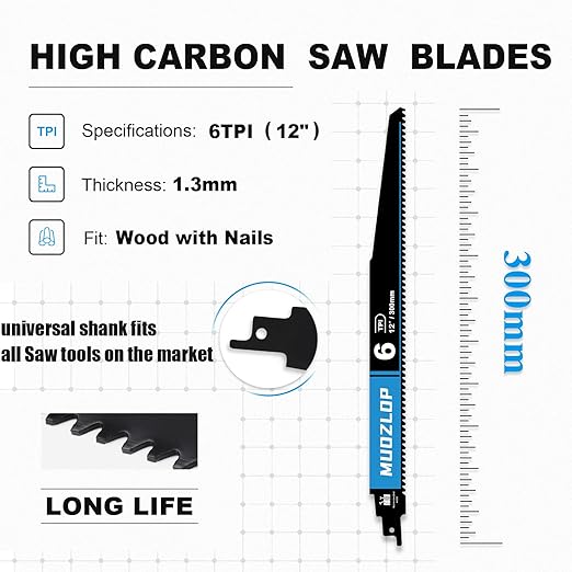 1 Pack 12 inch Reciprocating Saw Blades Set，6 TPI High Carbon Saw Blades for Wood with Nails ，Saw Blades with Organizer Case (1, 6T/12inch)