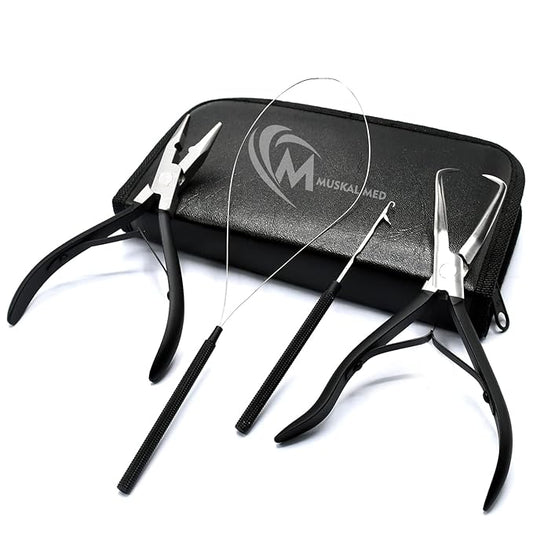 Professional Hair Extension & Beading Tool Kit Remove Plier Set for beads (4 Piece) I-Link Micro Ring Loop Needle Pulling Hook Threader Wire for Silicone Rings (Black)