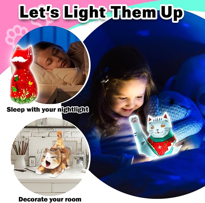 FUNZBO 3pcs Paint Your Own Cat Lamp Kit - Halloweens Arts and Crafts Supplies Kitten Painting Kits for Kid Teen, DIY Night Light Toy for Toddlers Girl Boy Age 3 4 5 6 7 8 9 10 11 12 13 Birthday Gifts