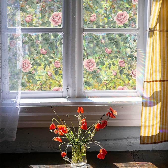 JOONOR Retro Pink Rose Flowers Window Privacy Film, 3D Stained Glass Rose - Image 5