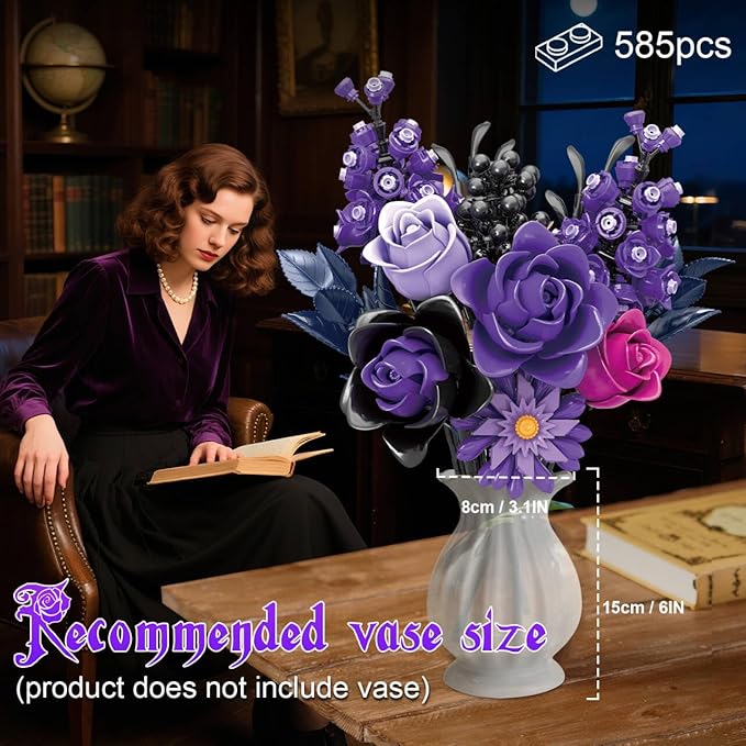 Gohero Purple Roses Building Blocks Set (822PCS) - Lego Compatible Flowers for Adults, Gothic Home Decor, for Women & Teen Girls, Making It an Ideal Gift for Halloween, Valentine's Day.