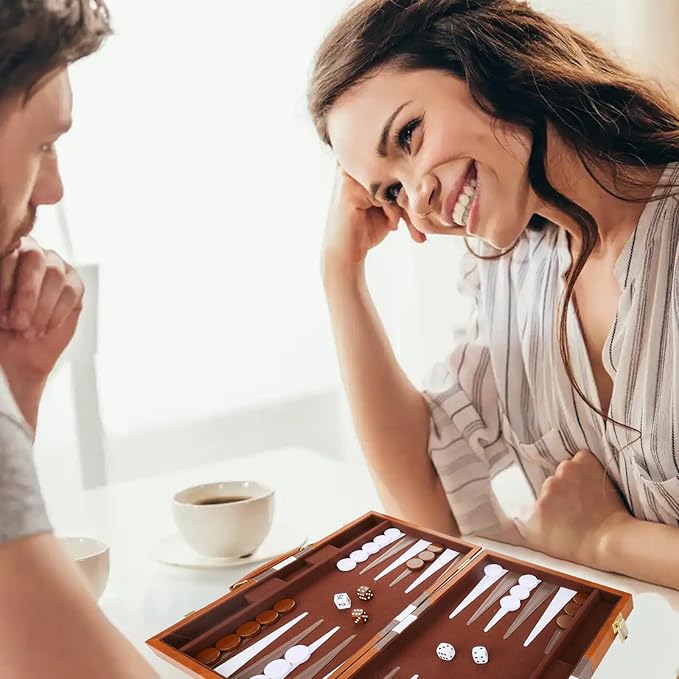 Backgammon Set - Classic Board Game with Premium Leather Case - Portable Travel Strategy Backgammon Game Set for Adults, Kids (11inch, Brown)