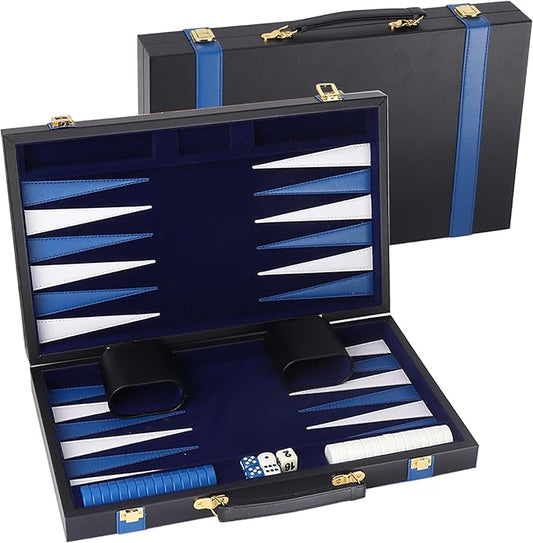 GSE Games & Sports Expert Premium Leather Backgammon Board Game Set, Classic Backgammon Game Set with Leather Case, Travel Folding Board Game (Black&Blue, Medium)