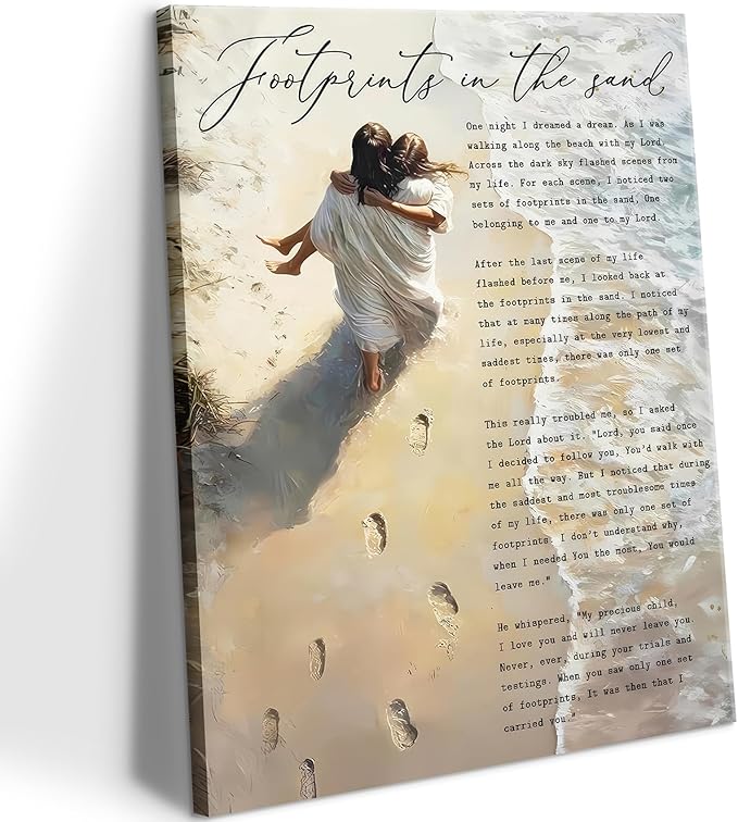 Jesus Footprints in the Sand Wall Art Jesus Holding Woman Painting Picture Wall by wallart