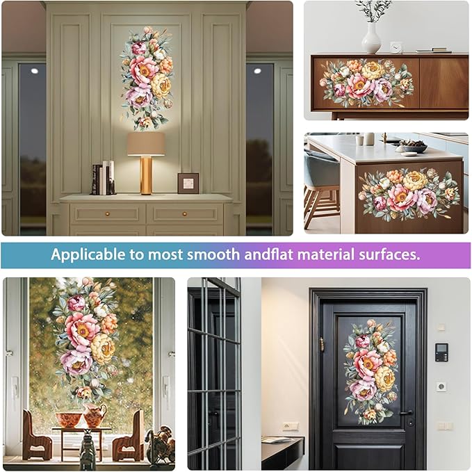 GLOBLELAND 4 Sheets Spring Peony Flowers Furniture Transfer 11.8x5.9inch Vintage Flowers Rub on Transfer UV Self-Adhesive Stickers Wall Art Craft for Bedroom Living Room Desk Table