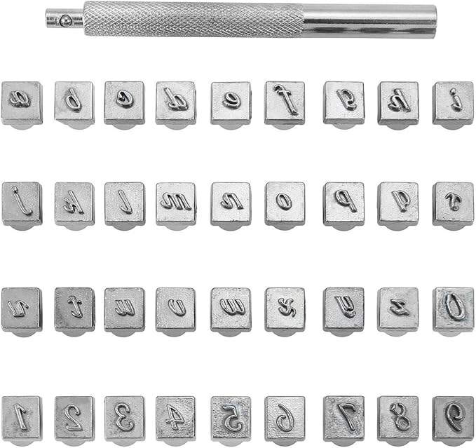 Yoption 37 Pieces Leathercarft Stamping Tool Set, 26 Letters Alphabet & 10 Numbers Stamps Steel Punch Tool 3mm+1 Stamping Handle for Leather Craft