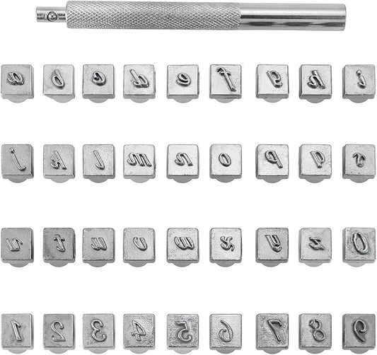 Yoption 37 Pieces Leathercarft Stamping Tool Set, 26 Letters Alphabet & 10 Numbers Stamps Steel Punch Tool 3mm+1 Stamping Handle for Leather Craft