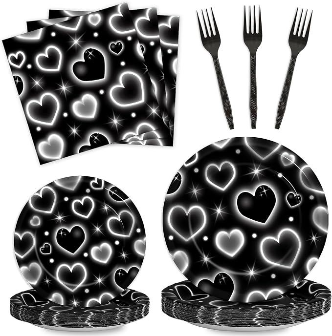 Qyeahkj 100 Pcs 2000s Party Plates Napkins Forks Set Black Heart Tableware by Qyeahkj