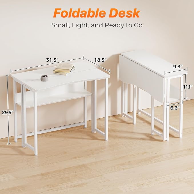Huuger Folding Desk with Storage Shelf, 31.5 Inch Foldable Computer Table - Image 2