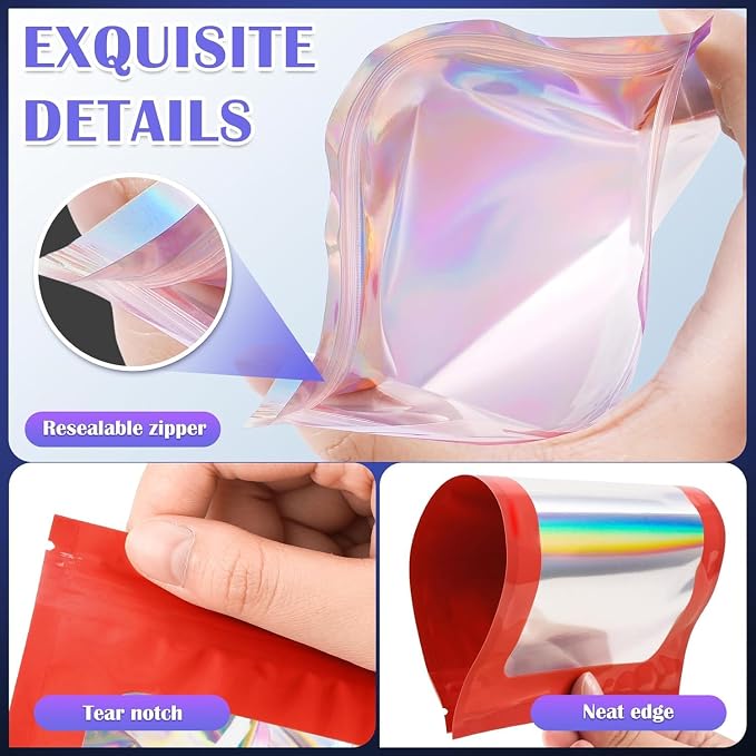 JETMORE 300 Pcs Mylar Bags, Smell Proof Bags Foil Pouch, Holographic Resealable - Image 5
