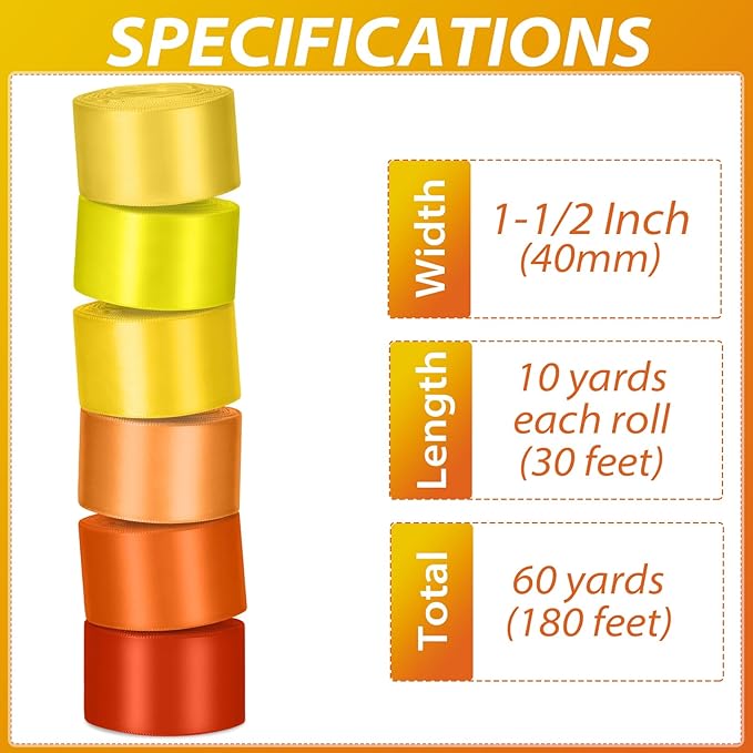 1-1/2 Inch Orange Satin Ribbons for Crafts, 6 Rolls Single-Faced Orange Assorted Ribbons for Gift Wrapping Flower Bouquet Wedding Invitations Bridal Shower Hair Bows Garland Party Decor