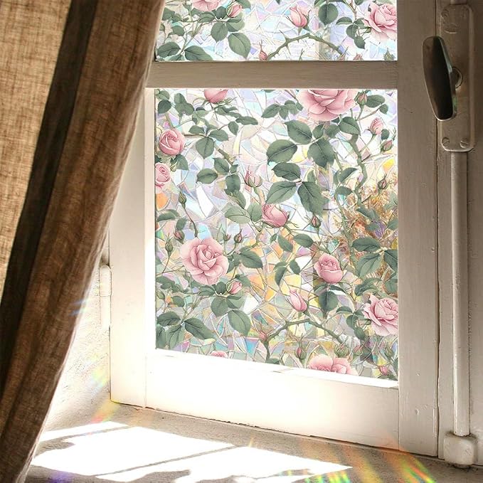 JOONOR Retro Pink Rose Flowers Window Privacy Film, 3D Stained Glass Rose - Image 4