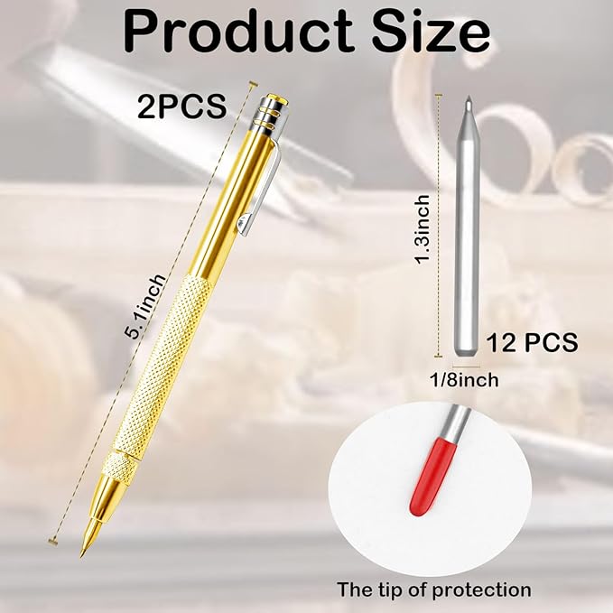 2 Pcs Tungsten Carbide Tip Scriber With 12 Replacement Marking Tip, Aluminium Magnet Carbide Scribe Tool etching Scribe Pen With Clip, Metal Engraving Pen for Glass / Ceramics / Hardened Steel(Gold)
