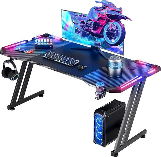HLDIRECT 47 Inch Gaming Desk with LED Lights, Large RGB Computer Gaming Desk Table with Cup Holder Headphone Hook Mouse Pad, Ergonomic Modern Carbon Fiber Mesa Gamer Pc Work Home Office Desks, Black